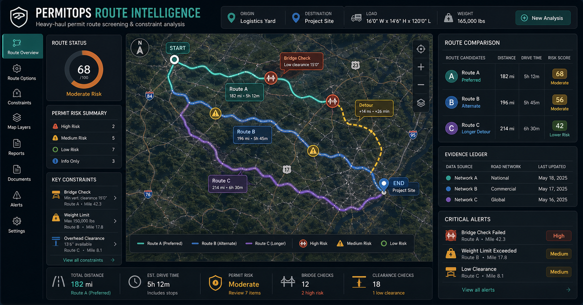 Waste logistics proof showing route comparison map, container status board, driver confirmation, missed pickup queue, and utilization view.